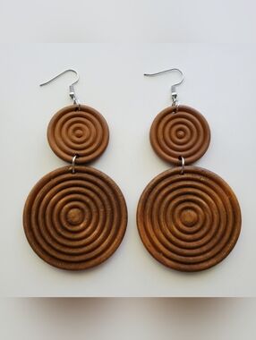Round Wood Earrings - Double Drop Dangle
